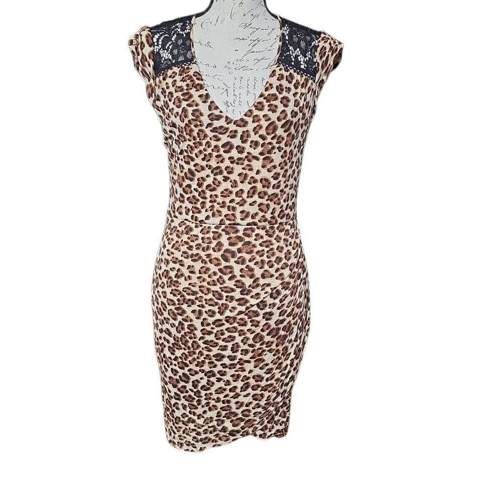 Guess Women's Size Large Brown Leopard Print Black Lace Open Back Mini Dress